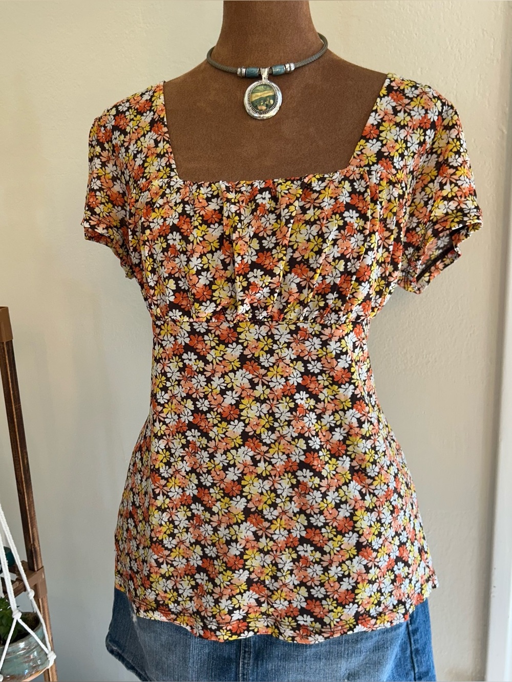 Vintage Y2K Cottagecore Brown & Orange Floral Milkmaid Bust Top by Style & Co.